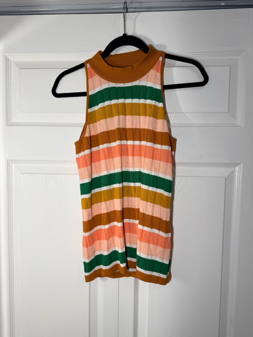 eva mendes for New York & Company Striped Mock Neck Tank in Pink, Green & Tan